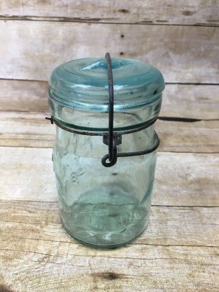 Vintage ATLAS E Z SEAL BLUE GREEN PINT Jar w/ Wire Bail Closure and Glass Lid 2