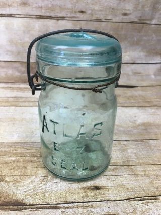 Vintage ATLAS E Z SEAL BLUE GREEN PINT Jar w/ Wire Bail Closure and Glass Lid 5