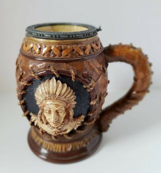 Vintage Ceramic Beer Stein Mug Indian Chief Face Signed - 4 "