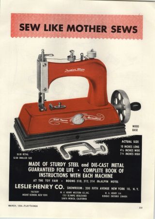 1954 Paper Ad Leslie Henry Toy Sewing Machine Junior Miss Double Bell Phone