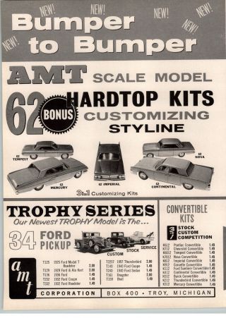 1962 Paper Ad 2 Pg Amt Model Car Kits Corvette Ford Galaxie Nova Imperial