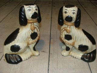 Pair Vintage Dog Dogs Figurines Spaniels White And Black Painted Statue 7 " Tall