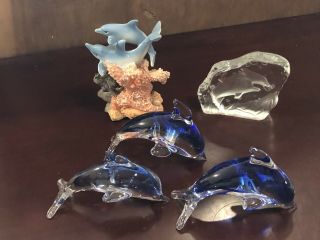 3 Blown Glass Dolphin Porpoise Figurine Paperweight Cobalt Blue 1 Flat & 1 ?