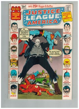 Justice League Of America 92 Jla/jsa Vs Solomon Grundy 1971 F/vf Dc Comic