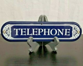 Vintage Blue & White Porcelain Enamel Telephone Sign Booth Marker Metal Rare