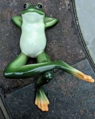 Franz Porcelain Figurine Frog Amphibian Crossed Leg Laying Signed Thinking