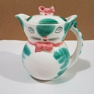 Vintage Kitty Cat Pitcher/creamer Pink Bow/green Dots Japan Holt