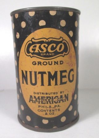 Vintage Asco Spice Tin - Ground Nutmeg - W/ Yellow Polka - Dots American Store Co.
