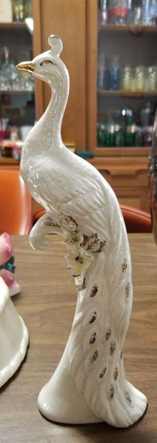 Vintage Norcrest Japan White And Gold Tall Peacock Figurine