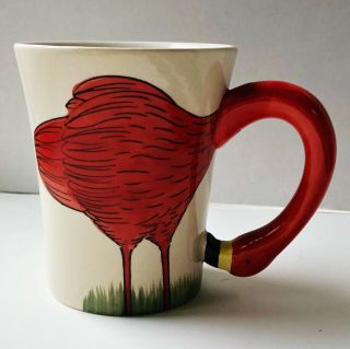 Pier 1 One 3d Flamingo Neck Handle Hand Painted Oversized Coffee Mug Cup Pinkred
