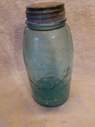 Antique Dropped Ball Mason Aqua 1/2 Gallon Jar W/bubbles & Zinc Lid Rare