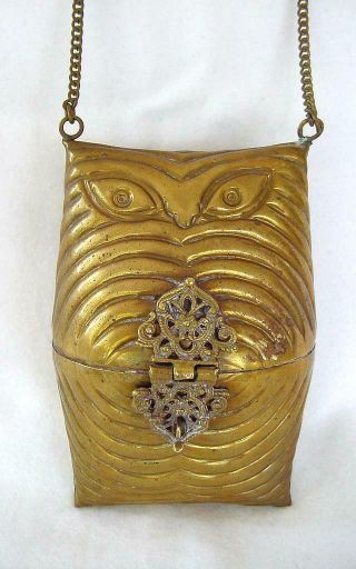 Rare Etched Owl Solid Brass Hardshell Pillow Shoulder Bag,  Change Purse