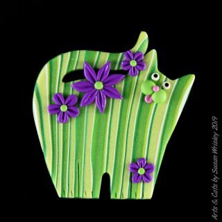 Standing Green Lime - Green Striped Kitty Cat & Purple Flowers Pin - Swris
