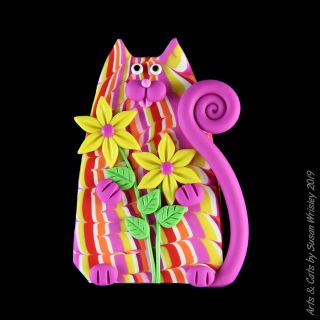 Pink Red Orange Yellow Kitty Cat & Flowers Pin - Swris