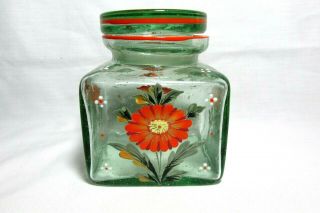 Vintage Czechoslovakia Glass Hand Painted Covered Dresser Jar