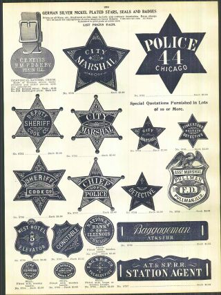 1912 Ad Chicago Police Star Badge Cook Co Sheriff Railroad Sfrr Agent Sign,