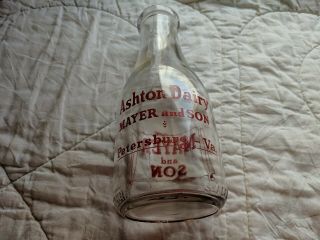 Ashton Dairy Mayer And Son Petersburg Va Vintage Quart Milk Bottle Pyro Red 4