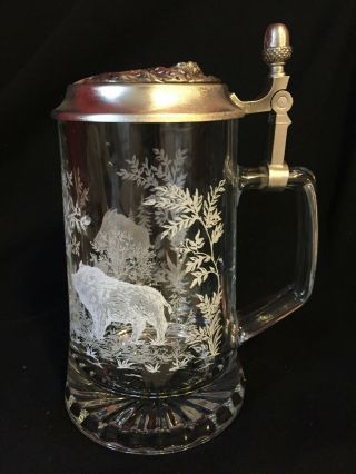 Made In Germany Glass/ Pewter Lid Beer Stein/tankard Boar Etched On Side