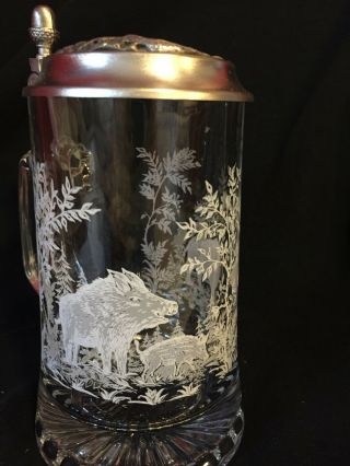 Made in Germany Glass/ Pewter lid Beer Stein/Tankard Boar Etched On side 2