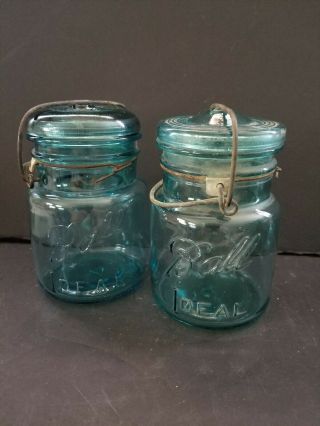 Vintage 2 Ball Ideal Pint Blue Glass Canning Mason Jars W/ Wire Bail & Lid