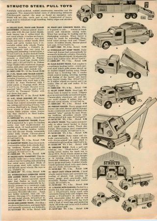 1957 PAPER AD 4 PG Toys Structo Steel Dump Truck Steam Shovel Tow Wrecker Garage 2
