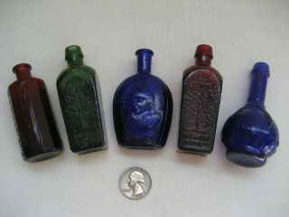 6 Mini Wheaton Bottles,  Red,  Cobalt Blue,  Green,  Elixir,  Bitters,  Ben Franklin