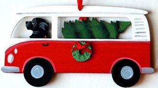 Newfoundland Dog Hippie Bus Van Wooden Handpainted 3 - D Christmas Ornament - Usa