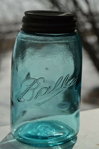 Ball Droped A 3 L Loop 1896 - 1910 Smooth Lip Ball Blue Quart Mason Fruit Jar