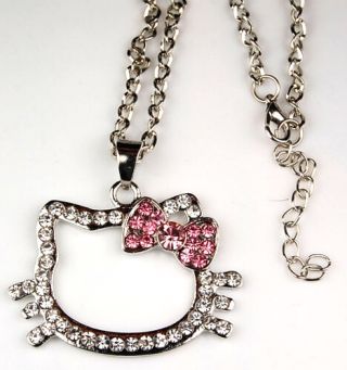 Hello Kitty Silver Pink Bow Crystal Necklace Fashion Jewelry