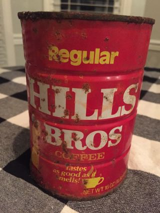 Vintage Hills Brothers ' Red Can One Pound Metal Coffee Can w/o Lid Worn 3