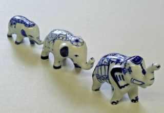 Vintage 3 Piece Elephant Figurine Set Porcelain Cobalt Blue Design Trunks Up