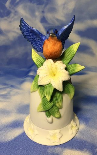 Mann Mario Bernini Bluebird & Lily Flower Porcelain Bell Figurine Evc