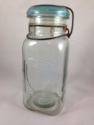Vintage Acme Quart Size Canning Jar With Wire Lock And Blue Glass Lid