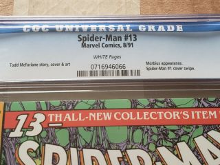 Spider - Man 13 Newsstand UPC Variant CGC 9.  8 NM/MT Marvel 1991,  Todd Mcfarlane 4