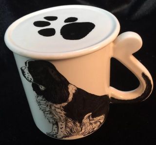English Springer Spaniel Dog Coffee Mug Tail Handle Cup - Paw Print Covered Lid