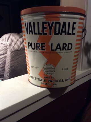 Vintage Valleydale Pure Lard Tin With Lid And Bail 8 Lbs.  Bristol Va.