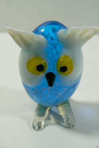 Art Glass Hand Made 2 " Owl Figurine Blue White Cute