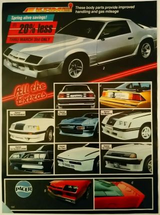 1986 Vintage Paper Print Ad Kamei Pacer Body Parts Mustang Camaro Celica Fiero