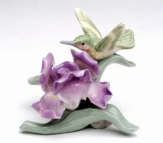 Fine Porcelain Figurine Hummingbird Iris Statue Figure Purple Flower Green
