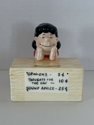 Peanuts Lucy Advice Opinion Booth Ceramic Bank W/ Stopper Vintage 1966