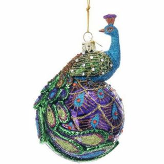 Noble Gems Peacock On Ball Glass Christmas Tree Ornament 5 Inch Nb1345