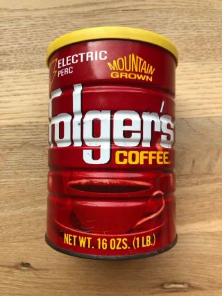 Vintage Folger’s Coffee Can 16 Oz.  Electric Perc Yellow Lid