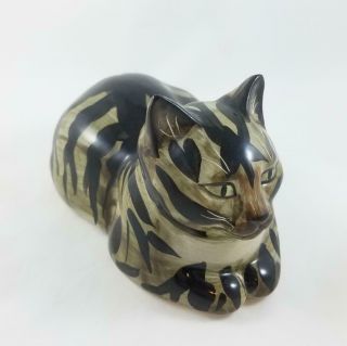 Vintage Tabby Cat Ceramic Figurine Japan Mann Laying Large 7.  5 Inches