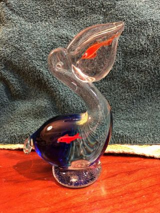 Glass Pelican With Fish In Bill,  Murano Style Blue Clear Gold Paperweight 7”
