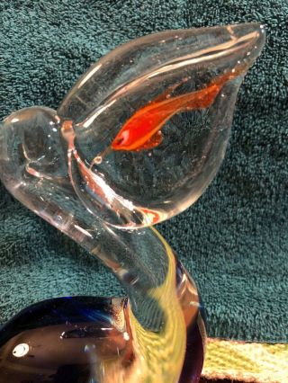 Glass Pelican with Fish in Bill,  Murano Style Blue Clear Gold Paperweight 7” 2