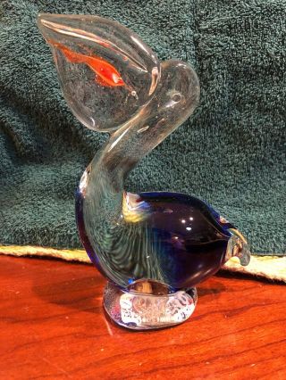 Glass Pelican with Fish in Bill,  Murano Style Blue Clear Gold Paperweight 7” 4