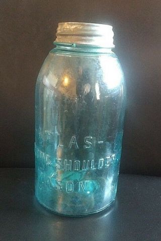 Atlas Mason Blue Strong Shoulder Half 1/2 Gallon Jar Mold Blown Glass W/ Bubbles