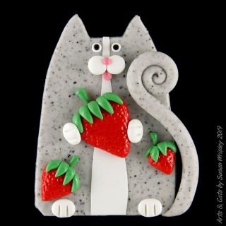 Gray Speckled Tuxedo Kitty & Strawberries Summer Fun Pin - Swris