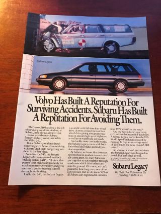 1990 Vintage 8x11 Print Ad For The Subaru Legacy Vs Volvo 240 Avoiding Accidents