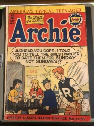 Archie Comics 51 July - Aug 1951 2 Dollar Sundaes On Sunday - Bill Vigoda Cover